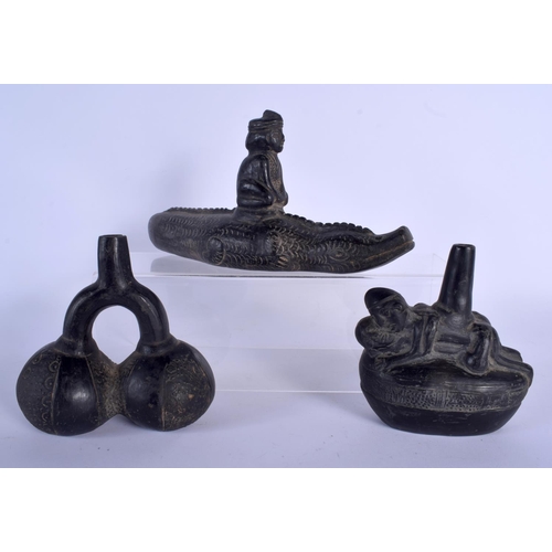 360 - THREE SOUTH AMERICAN PERUVIAN CHIMU BLACKWARE POTTERY ITEMS. Largest 24 cm wide. (3)