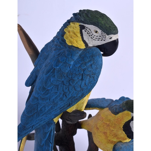 368 - A LARGE BORDER FINE ARTS FIGURE OF A BLUE AND GOLD MACAWS with certificate. 42 cm x 16 cm.