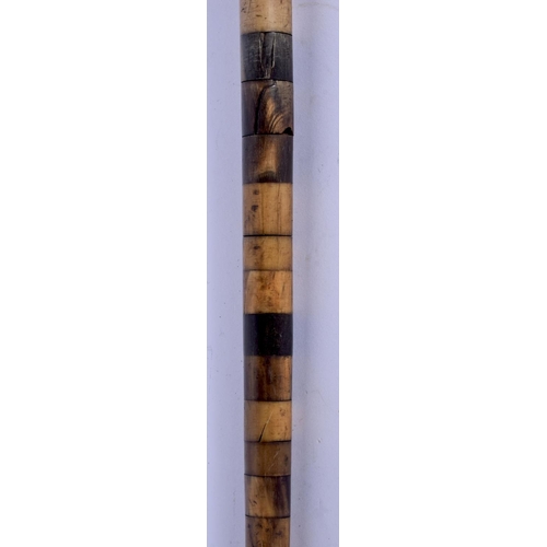 394 - A 19TH CENTURY CONTINENTAL FULL LENGTH RHINOCEROS AND BUFFALO HORN WALKING CANE. 88 cm long.