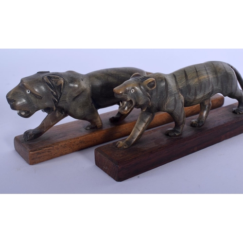 397 - A RARE PAIR OF  19TH CENTURY CONTINENTAL CARVED RHINOCEROS HORN FIGURE OF A ROAMING TIGERS upon a wo... 