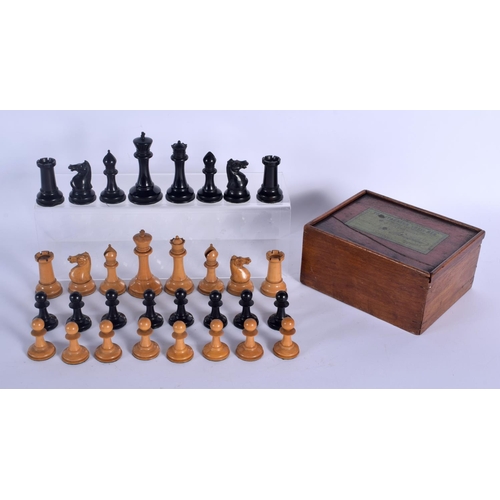 398 - AN ANTIQUE STAUNTON  BOXWOOD AND EBONY JAQUES OF LONDON CHESS SET. Largest 8.5 cm high. (qty)