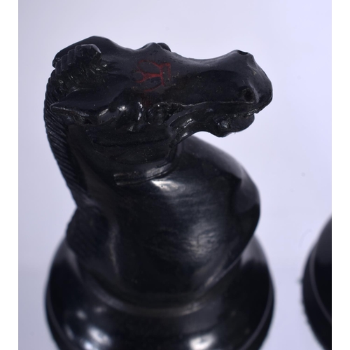 398 - AN ANTIQUE STAUNTON  BOXWOOD AND EBONY JAQUES OF LONDON CHESS SET. Largest 8.5 cm high. (qty)