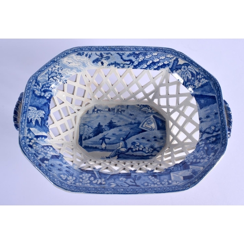 40 - A RARE 19TH CENTURY SPODE BLUE AND WHITE CHESTNUT BASKET on stand, decorated to the interior unusual... 