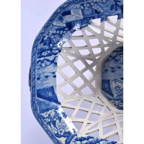 40 - A RARE 19TH CENTURY SPODE BLUE AND WHITE CHESTNUT BASKET on stand, decorated to the interior unusual... 