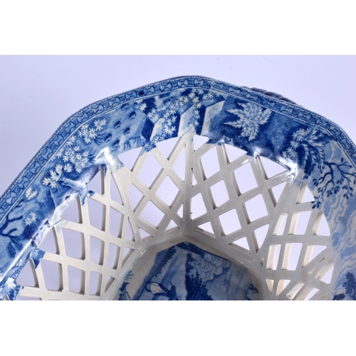 40 - A RARE 19TH CENTURY SPODE BLUE AND WHITE CHESTNUT BASKET on stand, decorated to the interior unusual... 