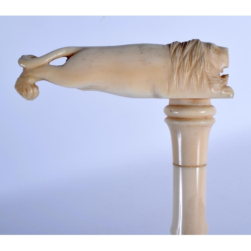 401 - A 19TH CENTURY CONTINENTAL CARVED IVORY LION HEAD WALKING CANE the shaft of gnarled form. 76 cm long... 