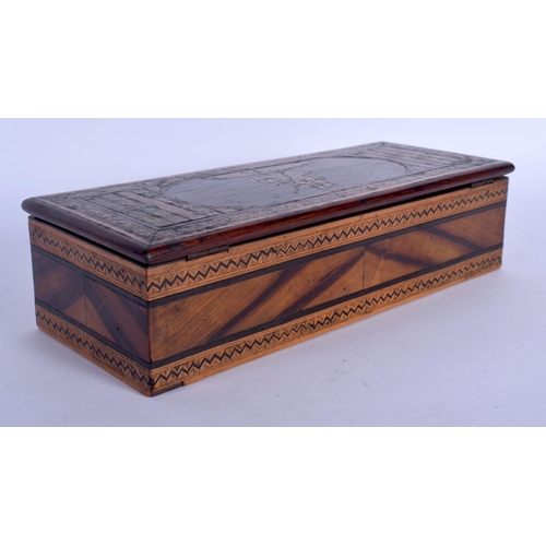 409 - AN ANTIQUE ITALIAN SORRENTO WARE CARVED WOOD GLOVE BOX decorated with figures upon a donkey. 24 cm x... 