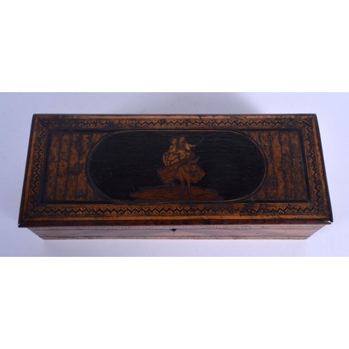 409 - AN ANTIQUE ITALIAN SORRENTO WARE CARVED WOOD GLOVE BOX decorated with figures upon a donkey. 24 cm x... 