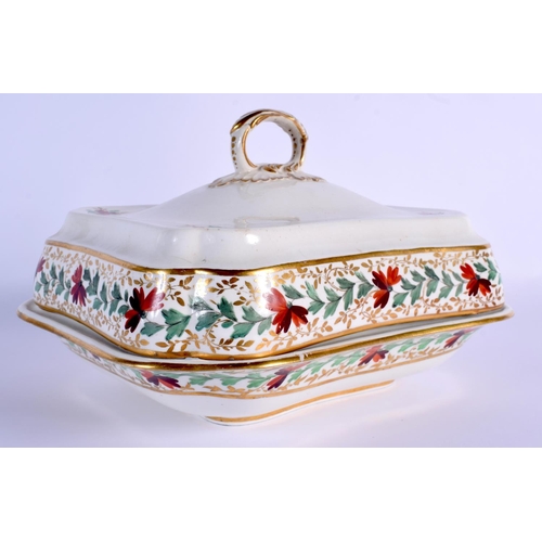 41 - A LARGE EARLY 19TH CENTURY DERBY PORCELAIN SERVING BOWL AND COVER of square form, painted with gilt ... 