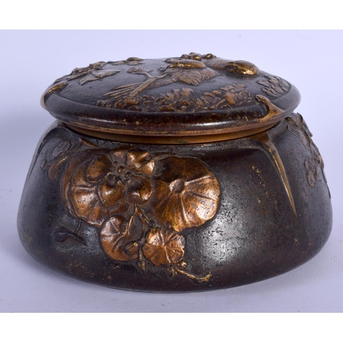 411 - A 19TH CENTURY FRENCH PATINATED BRONZE BOX AND COVER decorated with birds, dragonflies and foliage. ... 