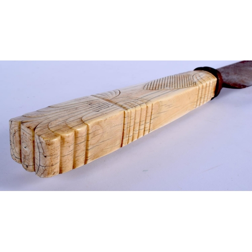 413 - A VERY RARE 18TH/19TH CENTURY ANGLO INDIAN CARVED IVORY HANDLED MACHETE of huge proportions, with sc... 