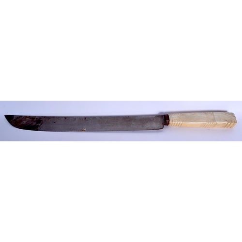 413 - A VERY RARE 18TH/19TH CENTURY ANGLO INDIAN CARVED IVORY HANDLED MACHETE of huge proportions, with sc... 