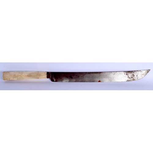 413 - A VERY RARE 18TH/19TH CENTURY ANGLO INDIAN CARVED IVORY HANDLED MACHETE of huge proportions, with sc... 