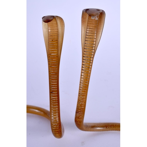 414 - A RARE PAIR OF 19TH CENTURY INDIAN CARVED RHINOCEROS COBRA SNAKES modelled with necks rearing. 12 cm... 