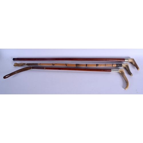 421 - A PAIR OF ANTIQUE ANTLER HANDLED RIDING CROPS together antler walking cane. Largest 88 cm long. (3)