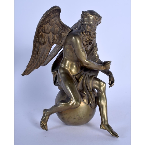 432 - A 19TH CENTURY EUROPEAN BRONZE FIGURE OF A WINGED MALE modelled resting upon a circular orb. 21 cm x... 