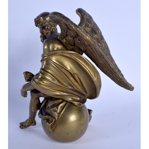 432 - A 19TH CENTURY EUROPEAN BRONZE FIGURE OF A WINGED MALE modelled resting upon a circular orb. 21 cm x... 