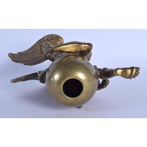 432 - A 19TH CENTURY EUROPEAN BRONZE FIGURE OF A WINGED MALE modelled resting upon a circular orb. 21 cm x... 