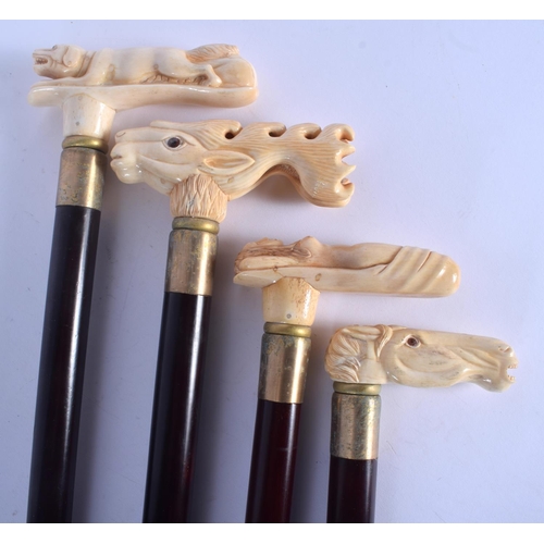 433 - FOUR CONTINENTAL CARVED BONE WALKING CANES with ebonised shafts. Largest 95 cm long. (4)