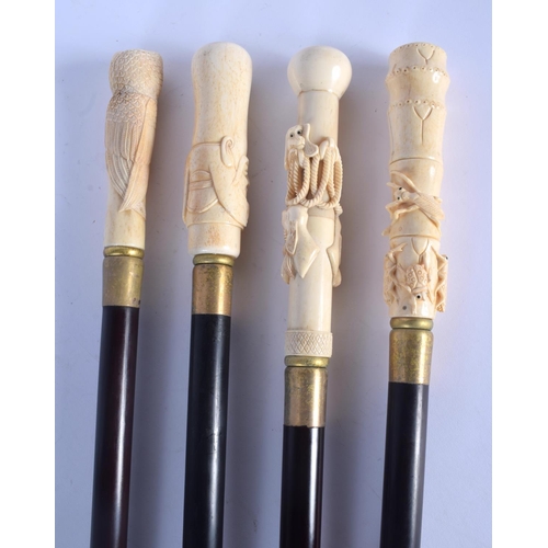 434 - FOUR CONTINENTAL CARVED BONE WALKING CANES with ebonised shafts. Largest 95 cm long. (4)