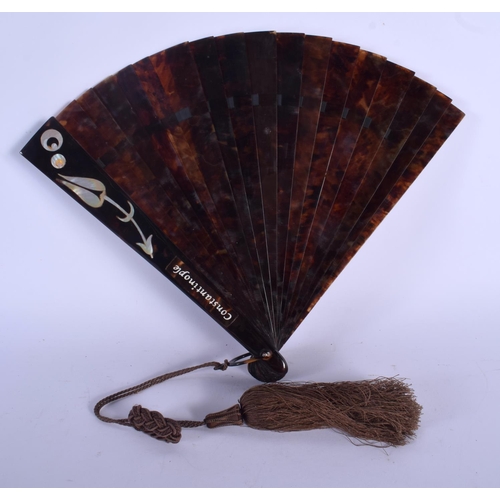 437 - A RARE EARLY 20TH CENTURY TURKISH OTTOMAN TYPE TORTOISESHELL FAN decorated with shell foliage. 25 cm... 