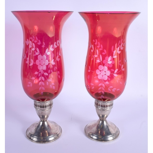 5 - A PAIR OF VINTAGE SILVER MOUNTED CRANBERRY GLASS VASES. 30 cm high