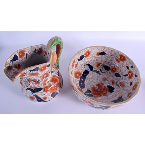 52 - A LARGE ANTIQUE MASONS TYPE IMARI WASH JUG AND BASIN decorated with flowers. Basin 25 cm wide, Jug 2... 