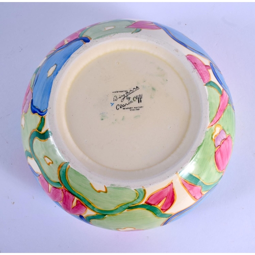 55 - AN ART DECO CLARICE CLIFF BIZARRE POTTERY BOWL painted with blue and pink flowers. 17 cm diameter.