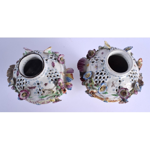 60 - A PAIR OF 18TH CENTURY CHELSEA RETICULATED PORCELAIN VASES encrusted with flowers and mask heads. 21... 