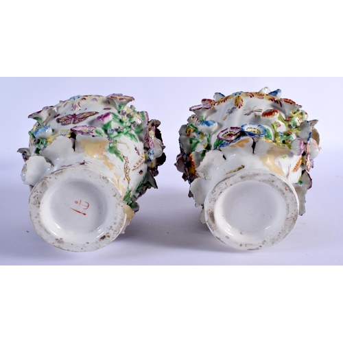 60 - A PAIR OF 18TH CENTURY CHELSEA RETICULATED PORCELAIN VASES encrusted with flowers and mask heads. 21... 