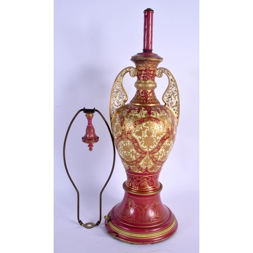 663 - A RARE 19TH CENTURY ROYAL CROWN DEBRY TWIN HANDLED ALHAMBRA VASE converted to a lamp, painted with g... 