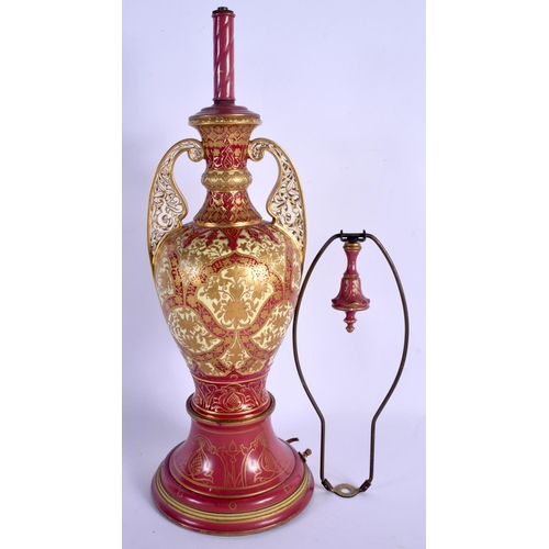 663 - A RARE 19TH CENTURY ROYAL CROWN DEBRY TWIN HANDLED ALHAMBRA VASE converted to a lamp, painted with g... 