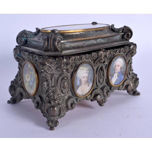 677 - A 19TH CENTURY CONTINENTAL BRONZE AND IVORY PAINTED CASKET decorated with portrait miniatures and st... 