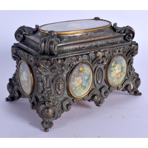 677 - A 19TH CENTURY CONTINENTAL BRONZE AND IVORY PAINTED CASKET decorated with portrait miniatures and st... 