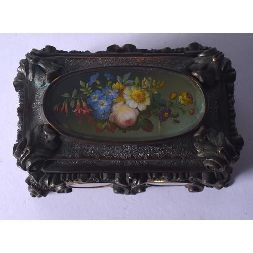 677 - A 19TH CENTURY CONTINENTAL BRONZE AND IVORY PAINTED CASKET decorated with portrait miniatures and st... 