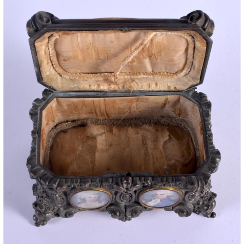 677 - A 19TH CENTURY CONTINENTAL BRONZE AND IVORY PAINTED CASKET decorated with portrait miniatures and st... 