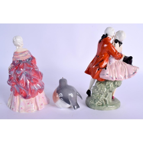 68 - TWO ROYAL DOULTON FIGURES and a small Copenhagen bird. Largest 19 cm high. (3)