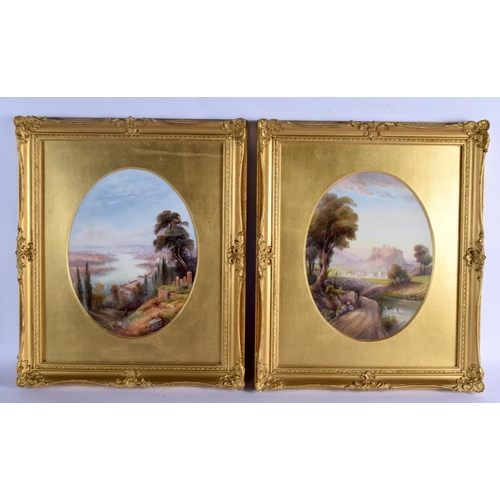 71 - A LARGE PAIR OF ANTIQUE ROYAL WORCESTER PORCELAIN PLAQUES by Raymond Rushton, painted with landscape... 