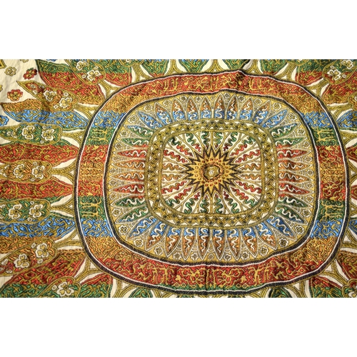 749B - A LARGE VINTAGE MIDDLE EASTERN EMBROIDERED SILK WALL HANGING. 179 cm x 240 cm.