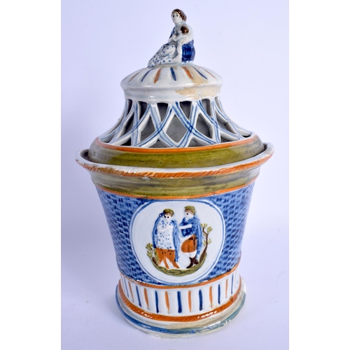 76 - A RARE 18TH CENTURY ENGLISH PEARLWARE POTTERY WALL POCKET FORM VASE decorated with figures. 24 cm x ... 