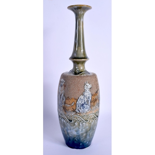 79 - A RARE DOULTON LAMBETH STONEWARE VASE by Hannah Barlow, painted with cats. 31 cm high.