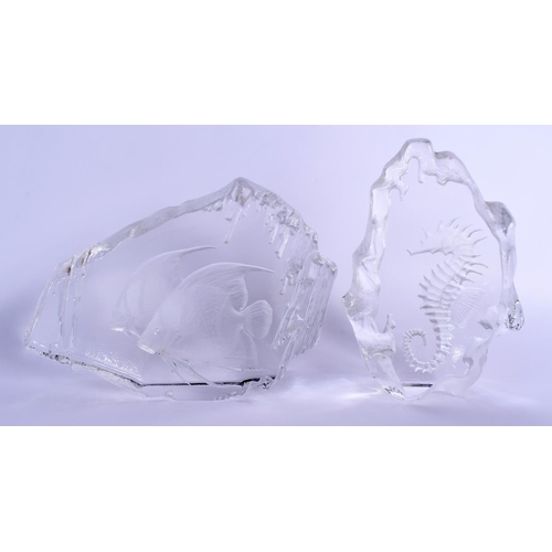 8 - TWO SWEDISH GLASS FISH AND SEAHORSE ORNAMENTS. Largest 14 cm x 16 cm. (2)