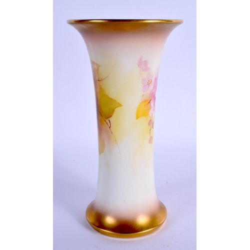 81 - Royal Worcester trumpet shaped spill vase painted with autumnal leaves and berries by Kitty Blake, s... 