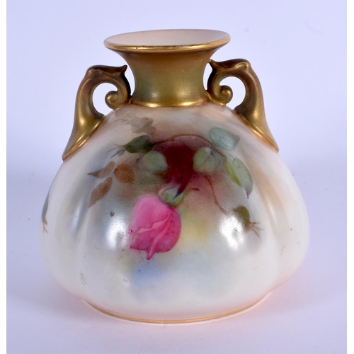 82 - Royal Worcester two handled vase painted with roses date code for 1913.  8.5cm high