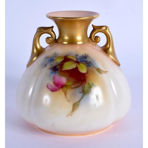 84 - Royal Worcester vase painted with roses, date code for 1914, British Flag mark.  8.5cm high