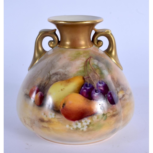 92 - Royal Worcester two handled vase painted with fruit by Ricketts, signed date code for 1917.  8.5cm h... 