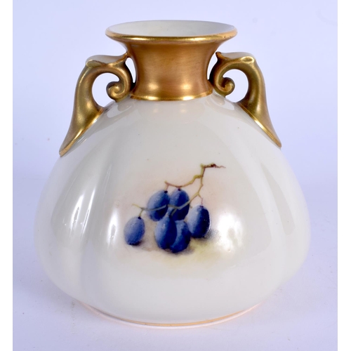 92 - Royal Worcester two handled vase painted with fruit by Ricketts, signed date code for 1917.  8.5cm h... 