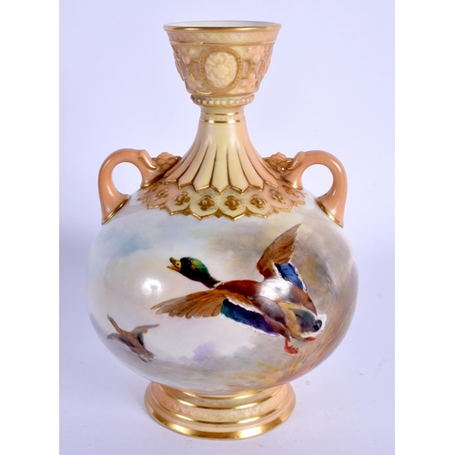 96 - Royal Worcester vase painted Mallard ducks by James Stinton, signed.  15.5cm high