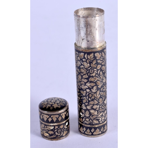 1029 - A BOXED THAI SILVER NIELLO BOTTLE. 20 grams. 7 cm high.