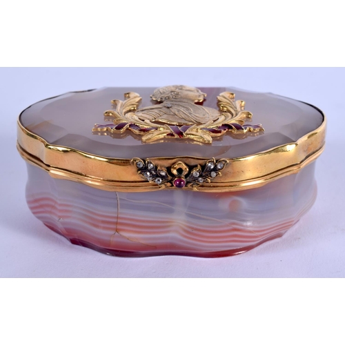 1035 - A LOVELY CONTINENTAL SILVER GILT ENAMEL AND GEM SET AGATE BOX decorated with a portrait of a male. 8... 